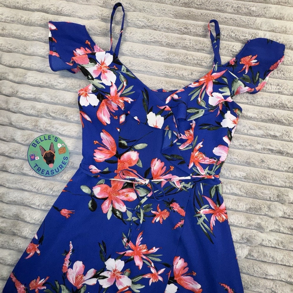 IZ Byer Maxi Dress Womens Small Blue Floral Babydoll Waist Tie Y2K Resort Beach‎